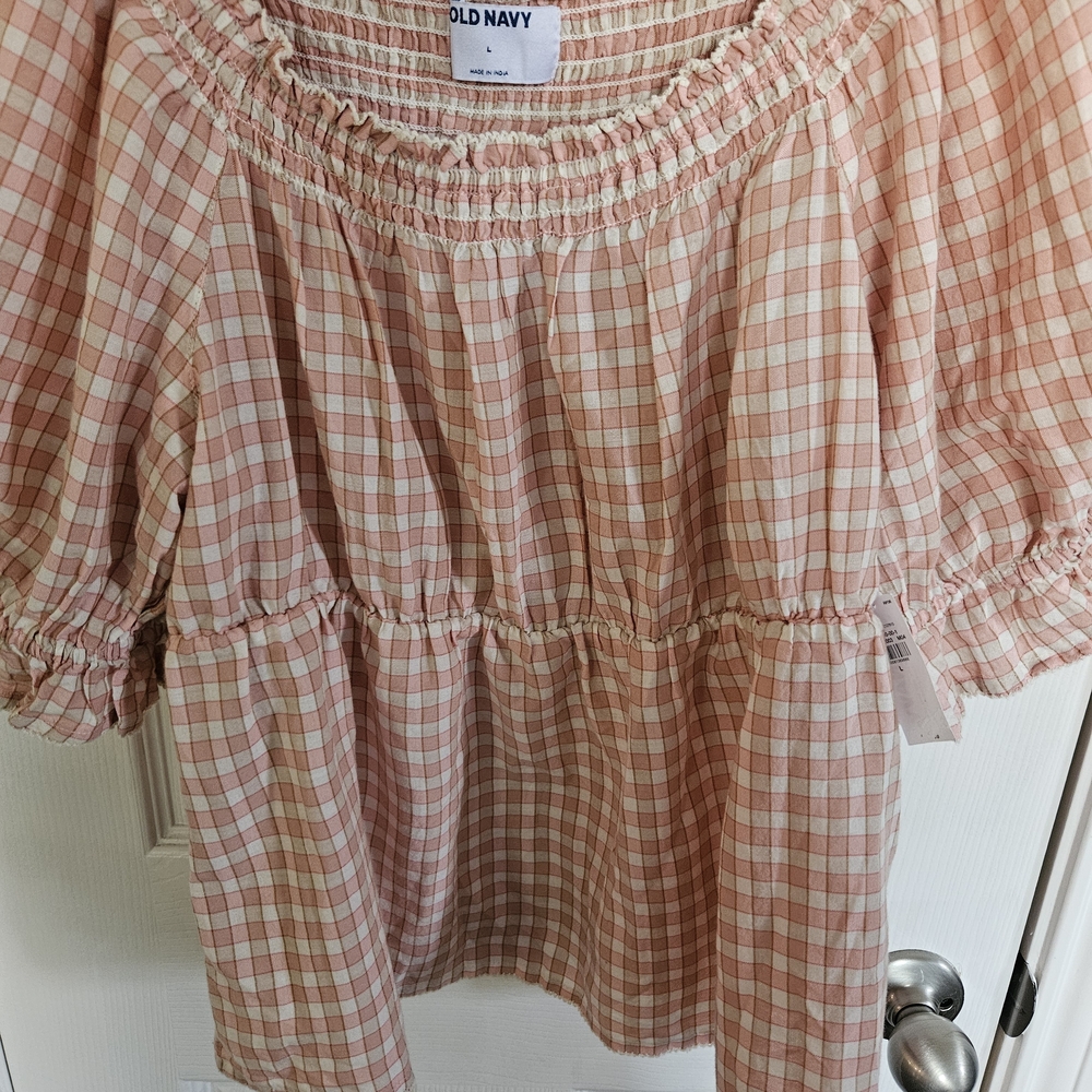 Old Navy Peach Plaid Women's Puff Sleeve Ruffle Top Size Large - Picture 4 of 7
